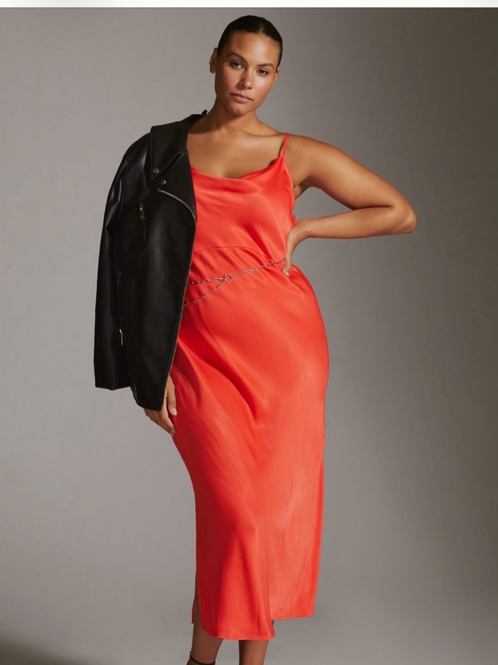 Anthropologie Coral-Red Satin Slip Dress